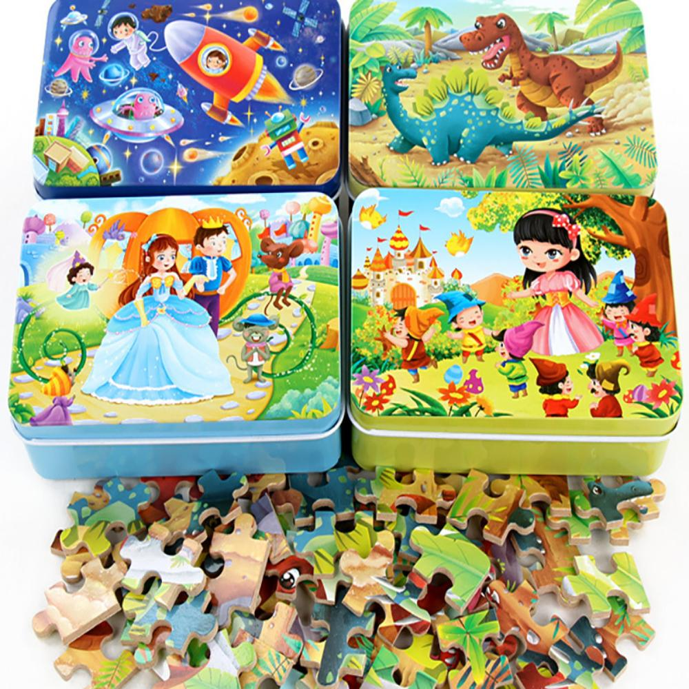 60-Piece Iron Box Wooden Puzzle Cartoon  Flat Puzzle Puzzle Version Children'S Early Education Educational Toys Wooden Puzzle 1902-216